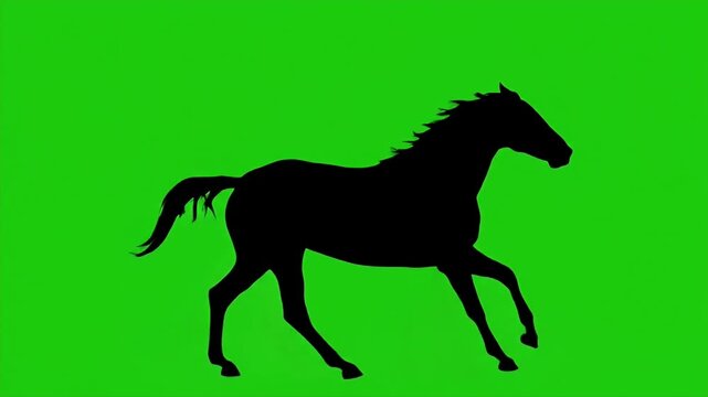 Silhouette of a Horse Running on Green Screen - A striking black silhouette of a horse in motion against a vibrant green chroma key background.