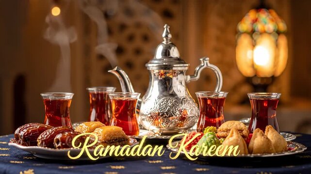 A beautiful table is set with traditional tea and sweets. Steam rises, creating a warm and inviting festive atmosphere.