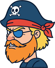 Obraz premium Cartoon pirate captain portrait with beard eyepatch bandana and skull hat isolated on white background, nautical adventure character vector illustration