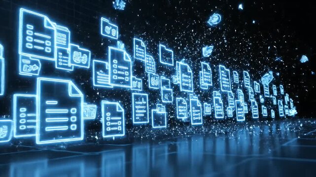 Digital Document Icons with Neon Glow - Animated digital document and folder icons glow with a bright blue neon light effect.