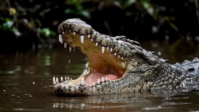 A powerful crocodile emerges from murky water, opening its formidable jaws. Its sharp teeth and pink tongue are clearly visible in the wild.