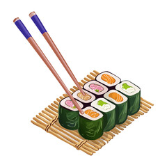 Assorted colorful maki sushi rolls served on a bamboo mat with chopsticks showing variety in japanese seafood cuisine Vector Illustration © powdesign