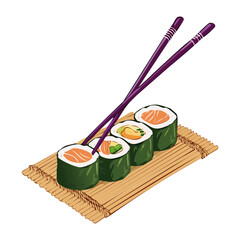 Row of delicious salmon maki sushi rolls served on a bamboo mat with chopsticks for a healthy meal Vector Illustration © powdesign