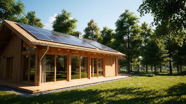 A modern wooden house with solar panels sits peacefully in a green forest. Large windows reflect the surrounding nature on a bright, sunny day.