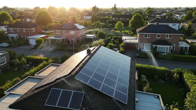 Aerial view of a house with solar panels at sunset. Golden hour light illuminates sustainable energy production in a neighborhood.