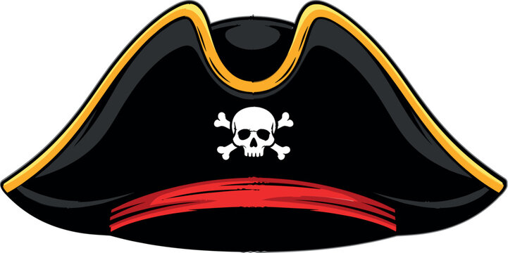 Classic pirate captain hat with skull and crossbones emblem and red band isolated on white background, nautical costume vector illustration