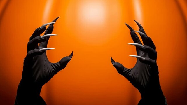 A pair of black hands with long claws against an orange background
