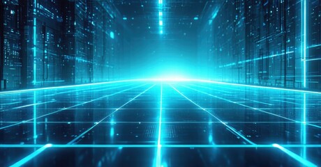 Obraz premium Futuristic tunnel, glowing blue lines create grid pattern. Bright light source visible distance. Digital aesthetic, dark background.
