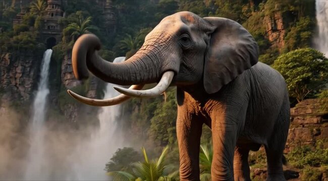 Victor as a wise old elephant guardian, ancient ruins in background, soft sunset lighting, detailed textures.