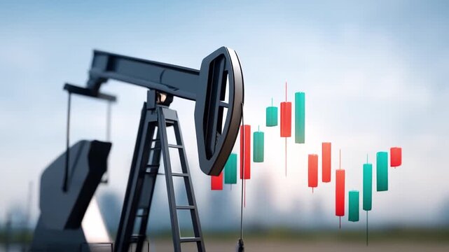Oil price movement in emerging markets illustrated by oil pump jack and financial chart reflecting market trends background