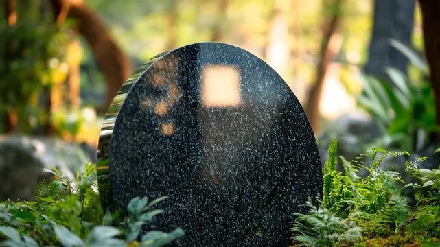 Blank black granite tombstone resting in a lush green garden with gentle rain falling