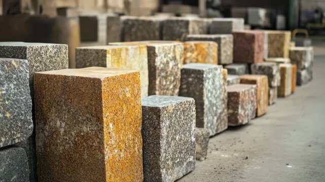 Multiple rows of assorted colored cobblestone blocks neatly arranged in a warehouse or factory