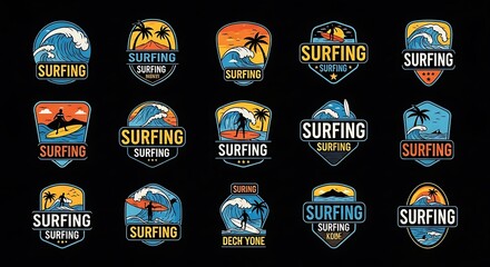 Set of 15 vector illustrations of surfing scenes, waves, sunsets, and palm trees in badges