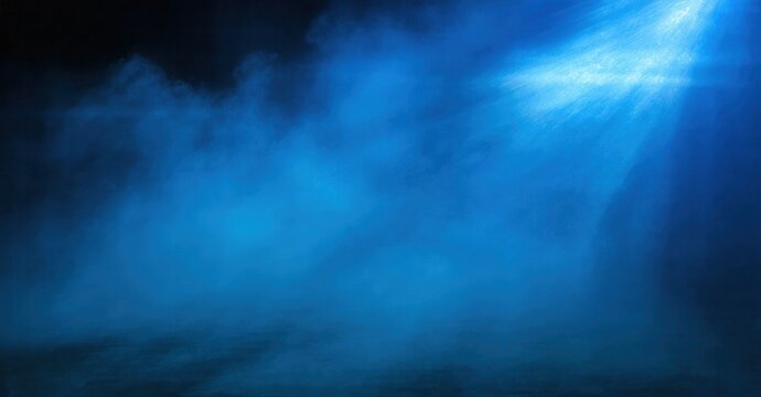 Blue underwater scene. Light beams penetrate dark depths, creating ethereal atmosphere. Water swirls, suggesting movement, mystery.