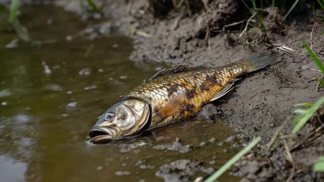 Dead fish washed ashore on the muddy riverbank, a symbol of water pollution and environmental disaster