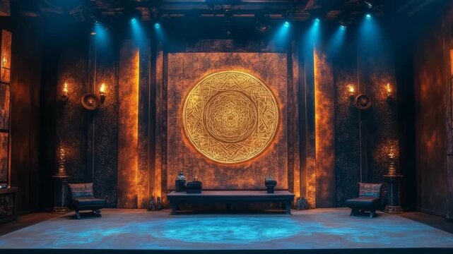 Mystical ancient temple interior with a large golden mandala, illuminated by warm and cool lights