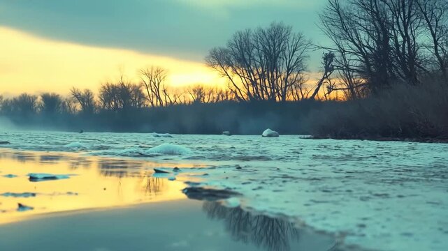 Dead fish lying on the shore of a frozen river, symbolizing pollution and environmental disaster