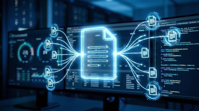 Digital document hub visualizing secure file distribution across networked monitors with glowing data nodes and code dark office environment conveying efficient data transfer and distributed