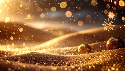 Golden sand dunes with fireflies and sparks at dusk, captured in a serene landscape view with bokeh effects and glowing orbs.