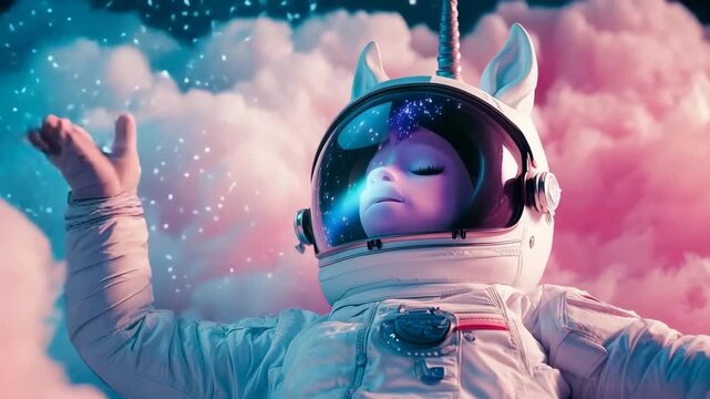 Magical unicorn astronaut floating serenely among dreamy pink clouds in a vibrant fantasy sky