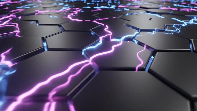 Geometric Tile Pattern with Neon Energy - A detailed close-up of a black geometric tile pattern, resembling hexagons, is illuminated with neon energy lines in vibrant pink and blue.