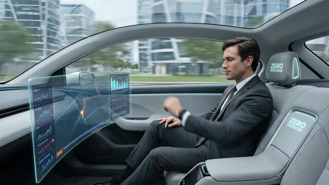 A businessman in a suit uses a futuristic holographic dashboard inside a self driving car navigating a modern city landscape during the day