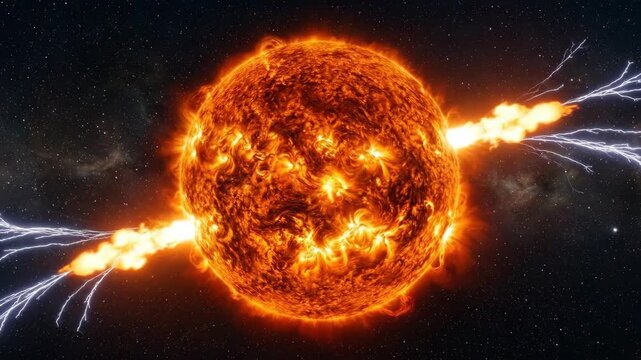 Fiery sun entity depicted with glowing eyes and powerful energy bursts emanating from its sides a cosmic spectacle of celestial power and vibrant orange hues