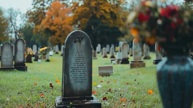Colorful flowers in a vase standing next to a tombstone in a cemetery during a gloomy autumn day