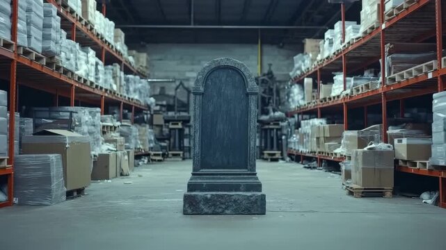 Solitary tombstone standing in a warehouse aisle symbolizing the death of retail and industry