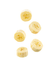 Flying pieces of banana. Falling sliced banana.