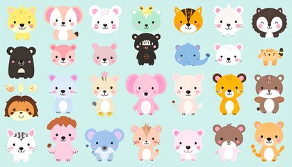 Obraz premium Collection of various cartoon animals in different pastel colors and facial expressions displayed on a light teal background in an illustration format