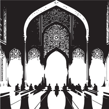 Black Mosque interior prayer row Silhouette Vector, High Quality Illustration on White Background