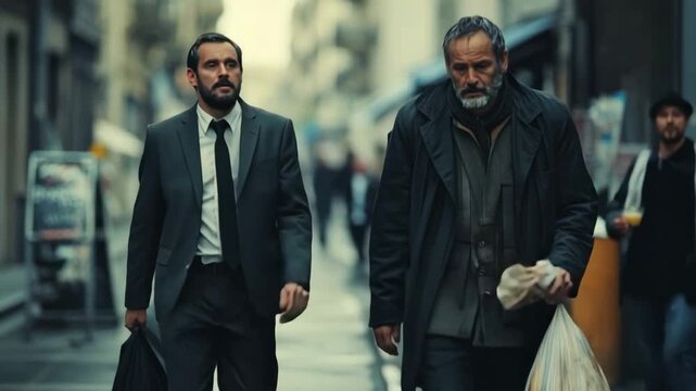 Social inequality concept showing a wealthy businessman and a poor unemployed man walking together