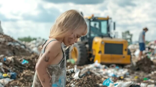 Poor, dirty girl with a sad face standing in a garbage dump, highlighting social issues