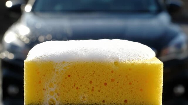 A yellow sponge covered in white foam drips slowly. A blurred car is in the background, ready for washing.
