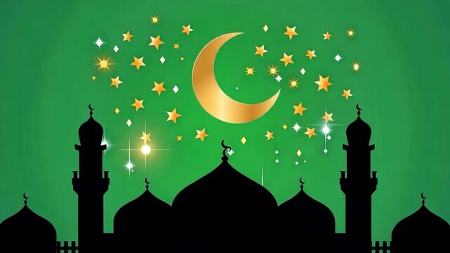 A serene nighttime scene of a mosque silhouette with a crescent moon and stars shining brightly in the green background, symbolizing Ramadan celebration