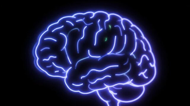 A glowing human brain outline pulsates with energy. Neural activity is visualized with changing colors and lights.