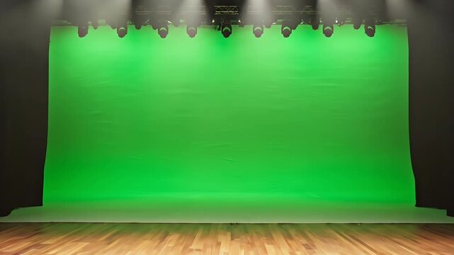 Theater Stage with Green Screen Background - The video depicts a theater stage equipped with a large green screen backdrop, perfect for visual effects production.