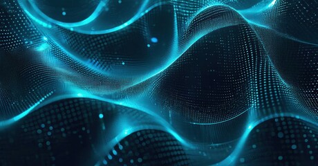 Abstract digital waves, glowing blue particles, dark background. Futuristic design, dynamic energy, technology concept.