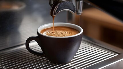 Fototapeta premium Close up of dark espresso coffee being poured with rich crema into a brown mug from an espresso hine