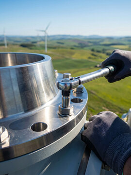 Technician tightening large industrial bolt with ratchet wrench on wind turbine structure, close-up maintenance work in renewable energy environment