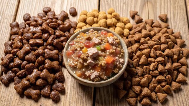 A variety of pet food options are displayed on a rustic wooden table. Wet food, bone-shaped, and triangular kibble offer diverse choices for pets.