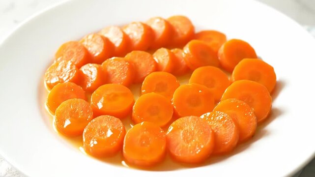 Bright orange carrot slices are neatly arranged on a white plate. These glazed carrots look delicious and healthy, ready to serve.