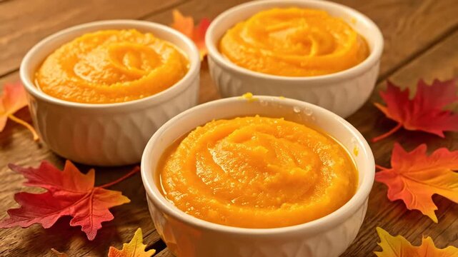 Three bowls of vibrant pumpkin puree sit on a rustic wooden table. Colorful autumn leaves surround the festive and comforting fall dish.