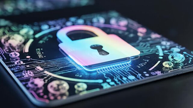 Glowing Digital Passport Security Chip - A close-up shot features a holographic digital passport card with a glowing chip and a padlock icon, symbolizing data security.