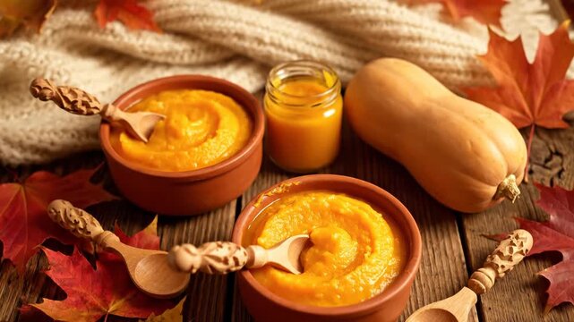 Warm pumpkin puree in bowls creates a cozy autumn scene. Healthy butternut squash soup is perfect for fall comfort.