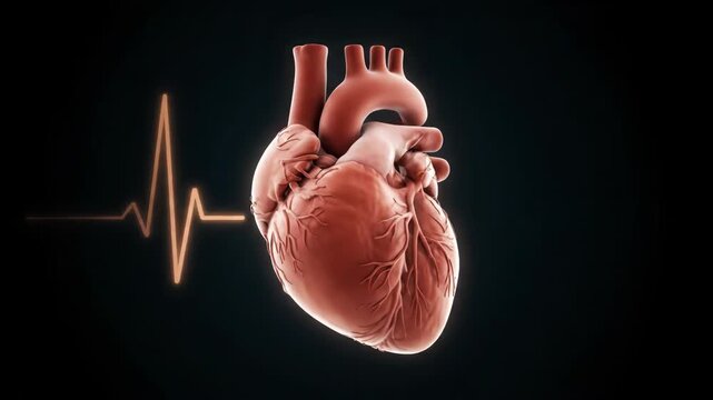 A realistic human heart model is shown with a glowing ECG waveform. This medical animation represents health, cardiology, and vital signs.