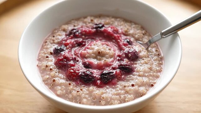 A warm bowl of quinoa porridge with a swirl of berry compote. This healthy breakfast offers a nutritious and delicious start to the day.