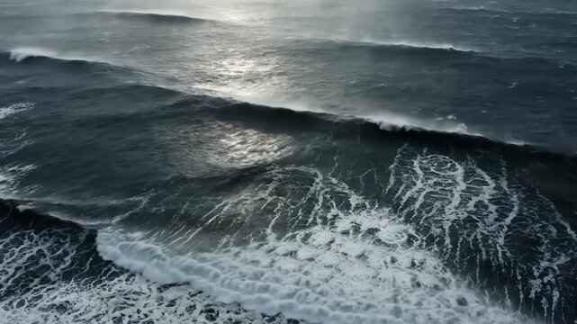 Powerful ocean waves crash with white foam. Sunlight reflects on the dark, stormy sea.