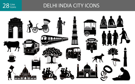 Delhi India City Icons &ndash; Taj Mahal, India Gate, Rickshaw and Cultural Landmarks Silhouette Collection